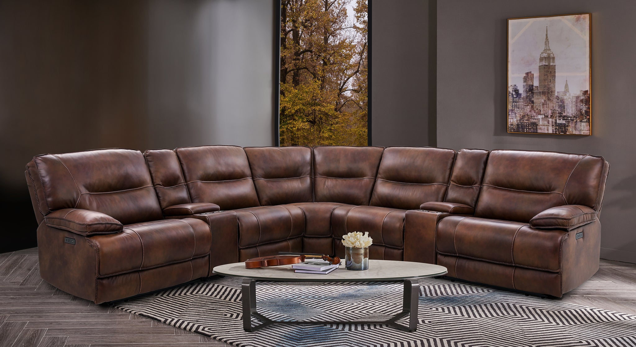 UX70048HM Power Leather Sectional - Brown