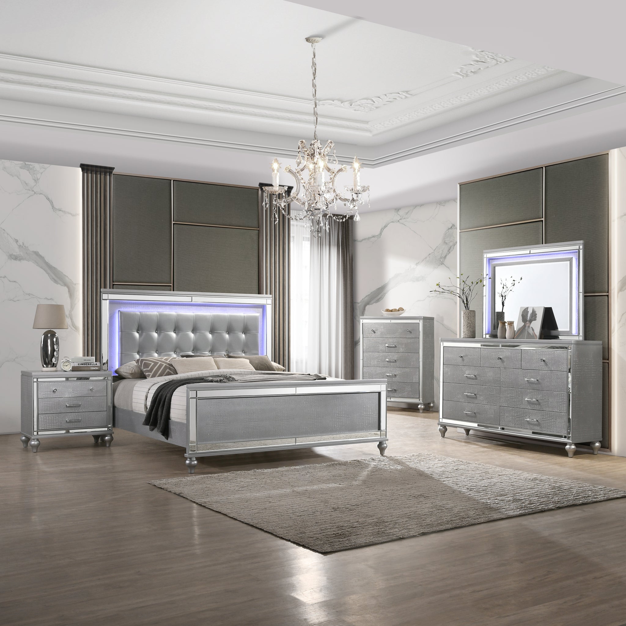 Valentino Bed w/ LED Lighting - Silver