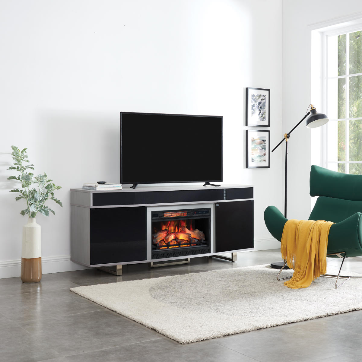 Enterprise TV Stand with Fireplace and Sound Bar - Gray