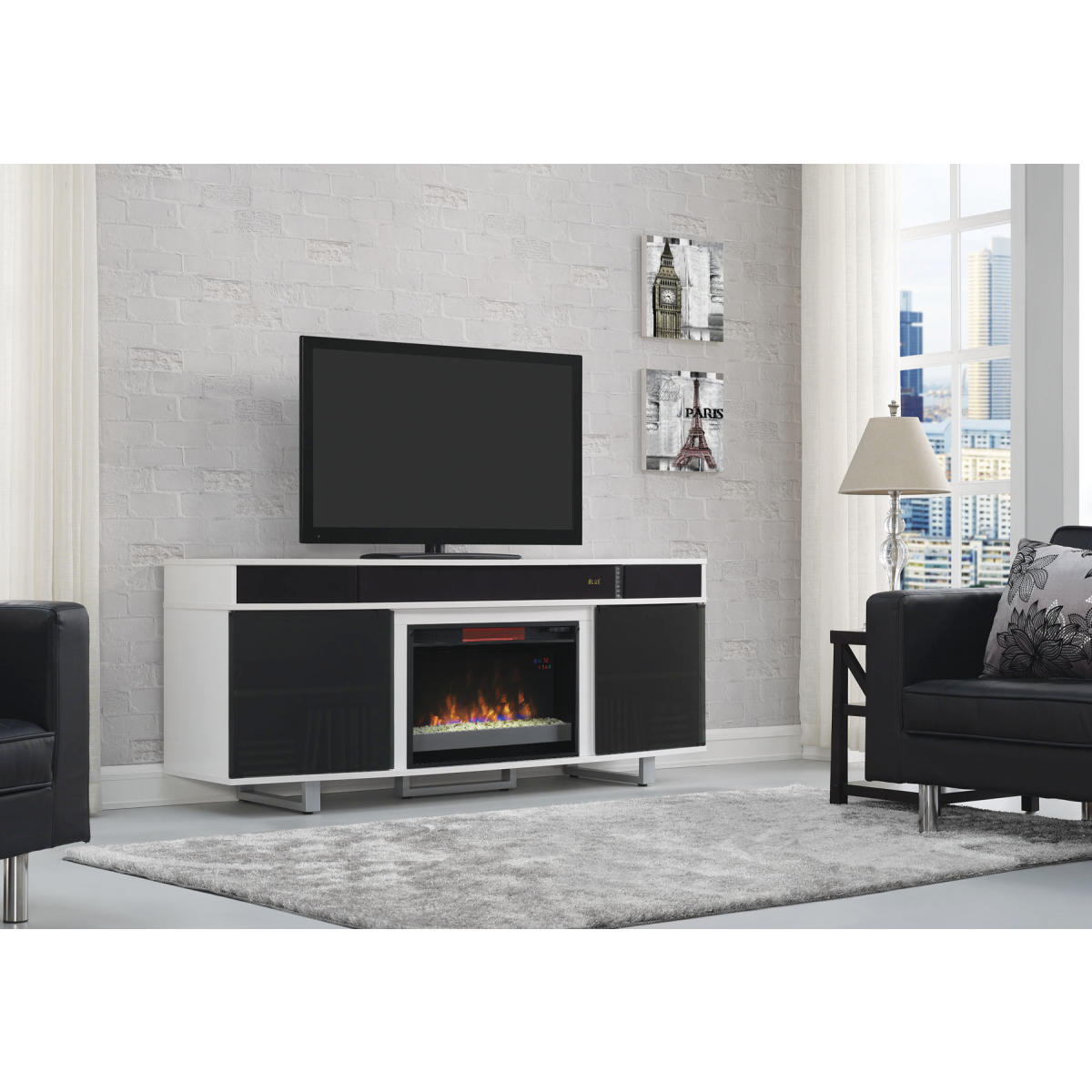 Enterprise TV Stand with Fireplace and Sound Bar - White